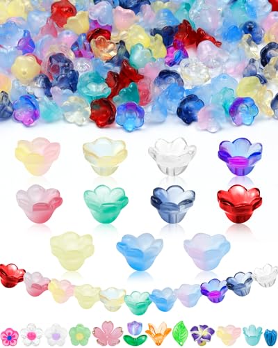 FIVEIZERO 200PCS Glass Lily Bell Flower Beads 11 Colors Trumpet Crystal Floral Bead Charms for Bracelets Necklaces & DIY Jewelry Making
