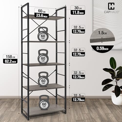 Image of CAPHAUS 5 Tier Bookshelf, 24 Inch Width Free Standing Shelf, Bookcase Shelf Storage Organizer, Industrial Book Shelves for Home Office, Living Room, Kitchen, Dark Grey Vintage Shelves & Metal Frame