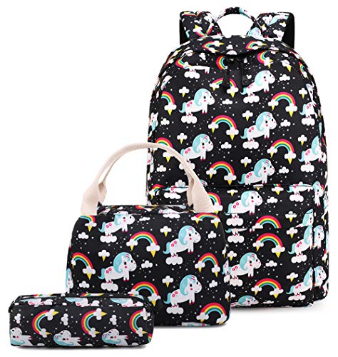 Mochila Unicornio Niña Escolar Impermeable para Preescolar Infantil Pequeñas Niño Chicas La Escuela Adolescente (3-Negro 3PCS)