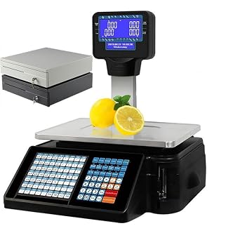DOrorO Commercial Digital Price Computing Scale with Thermal Label Printer, Electronic Weight Scale,Digital Scale Food Retail Store, Scale for Supermarket, with LCD Display,Machine+CashBox
