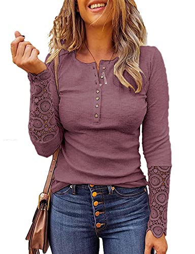 Image of Kancystore Women's Long Sleeve Tops Lace V Neck Button Down Henley Shirts