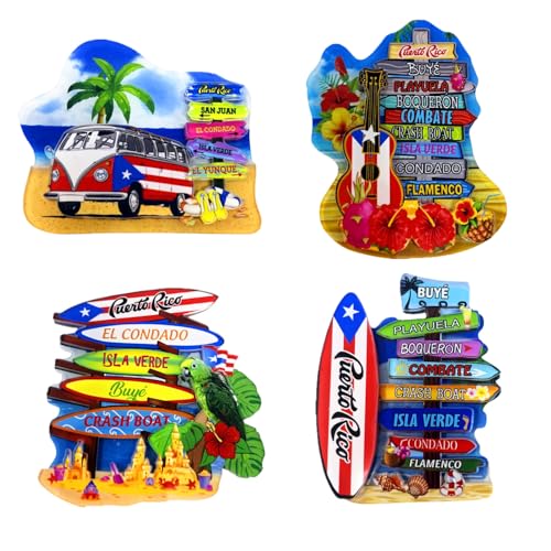 4 Pieces Puerto Rico 3D Fridge Magnet, Refrigerator Magnets, Puerto Rican Design, Puerto Rico Flag, Souvenir, Gifts, Travel, Decoration, Beach, Guitar, Parrot, Fruits, Surfboards Magnets