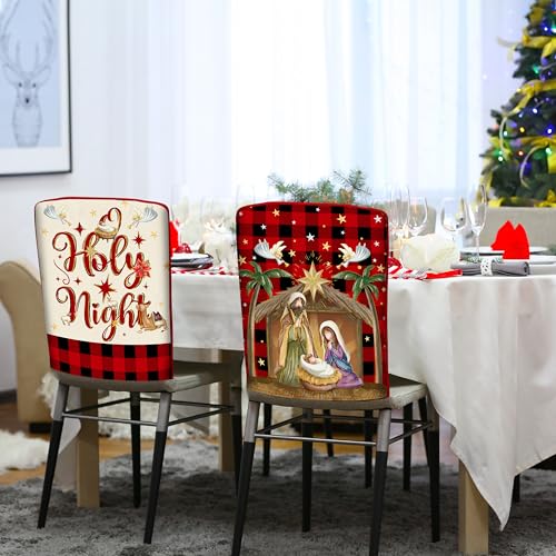 Image of TREWAVE Christmas Chair Covers Set of 6 Buffalo Plaid Nativity Scene Chair Back Covers Holiday Dining Chair Slipcovers Protector Kitchen Dining Room Decor Festival Party Decoration
