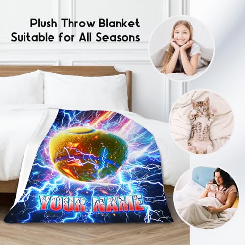 Kids Blanket for Boys Personalized Tennis Gifts wiht Name - Custom Fleece Throw with Lightning Design (4 Sizes Choose)