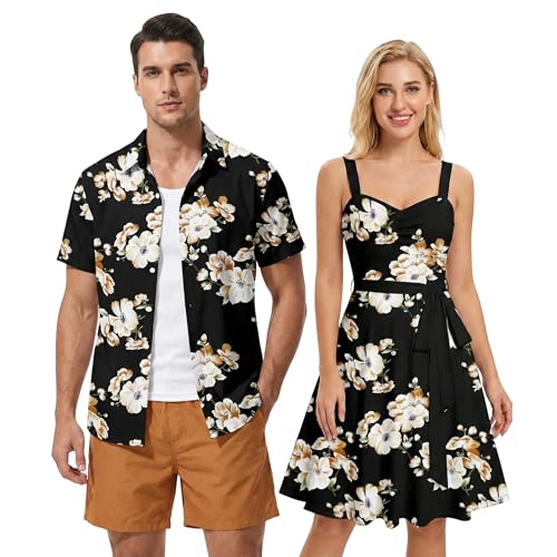 Image of DRESSFO Matchable Couples' Outfit Tropical Flower Leaf Print Button-up Shirt Or Strappy Dress