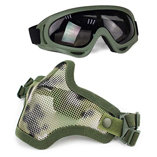 Aoutacc Airsoft Half Face Masks Steel Mesh Mask and Goggles Set for CS/Hunting/Paintball/Shooting