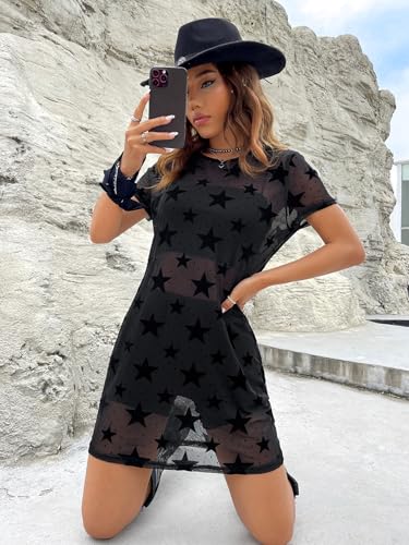 Verdusa Women's Short Sleeve Round Neck Star Print See Through Mesh Short Dress3