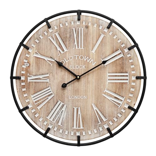 Image of EMAX HOME 20 Inch Large Farmhouse Wall Clock, Rustic Antique Wood with Metal Circle and Large Engraved Numerals, Silent Battery Operated Wall Clock for Office Kitchen Bedroom Living Room