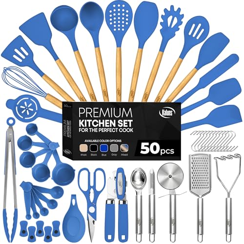 Kaluns 50 PCS Silicone Kitchen Utensils Set Complete Kitchen Set - 800°F Heat Resistant Non-Stick Premium Silicone Cooking Utensils W Wooden Handles - Can Opener, Masher, Turner, Silicone Spatula Set