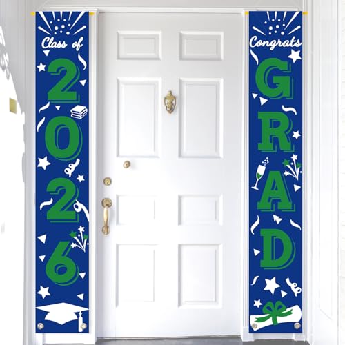 Image of Graduation Porch Banner Class Sign Congrats Grad Hanging Flags High School College University Party Decoration For Front Door Outdoor Blue Green
