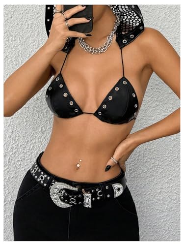 SHENHE Women's Sexy Y2k Gothic PU Leather Triangle Halter Fishnet Hooded Micro Crop Top Punk Clubwear4