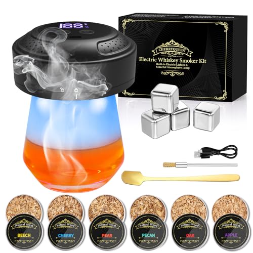 Electric Whiskey Smoker Kit, CHERRYQUEEN Old Fashioned Smoker Kit, Built-in Lighter & Ambient Light, 4 Reusable Ice Cubes 6 Wood Chips, Gifts for Men Dad Husband Whiskey Lovers (Birthday/Christmas)