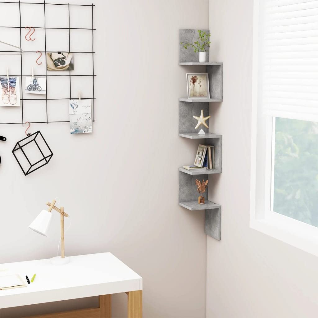 Mensola angolare da parete, 20 x 20 x 127,5 cm, finitura in cemento grigio, scaffale sospeso per soggiorno, bagno, libri e decorazioni, materiale derivato dal legno