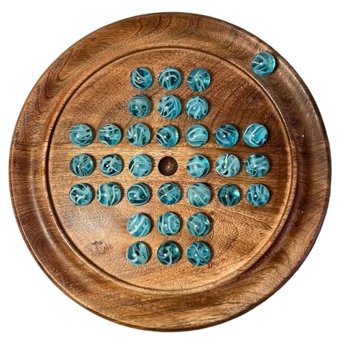 Solitaire Brettspiel aus Holz, 22 cm Durchmesser, ab 10 Jahren, mit brillanten blauen Sauerstoffglas-Marmoren, klassisches Solitär-Spiel aus Holz, Strategie-Brettspiel, Familien-Brettspiel, Spiele für