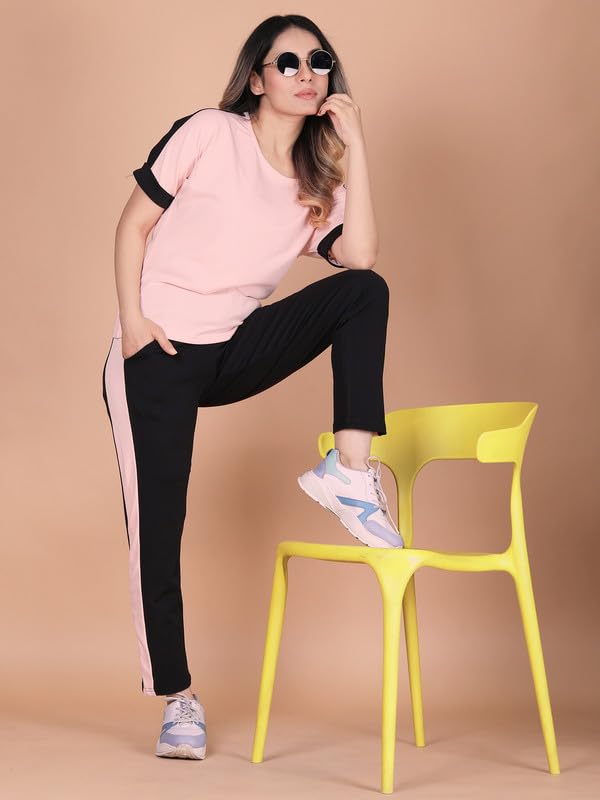 Image of DTR FASHION Polyester Blend Shoulder Stripes Tracksuit | Night Wear Suit For Women