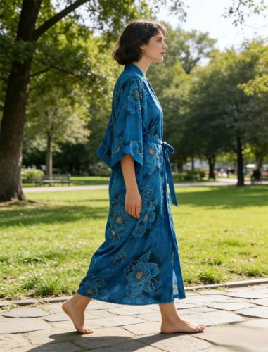 Image of Women's Classic 100% Silk Kimono Robe, Bathrobe-Printed Pattern