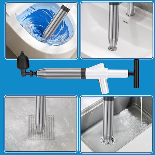 Image of Toilet Plunger High Pressure Air Drain Blaster Gun Drain Clog Remover Tools Air Plunger Heavy Duty Drain Powerful Plungers for Toilet Unclog Toilet, Floor Drain, Bathroom（White）
