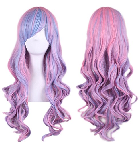 AneShe 27.5" Women's Long Wavy Wig Multi-Color Lolita Cosplay Wig Party Wig (Light Blue/Pink)