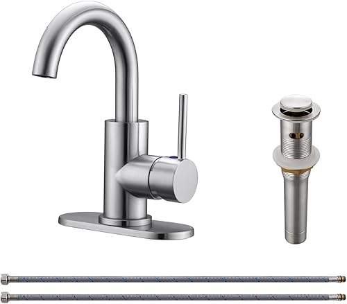 Miniatura 1 de RKF BF3501P-BN - Grifo de fregadero de baño con boquilla giratoria de un solo mango con drenaje emergente con manguera de desbordamiento y