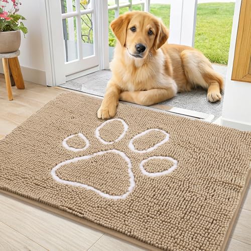 Image of Smiry Dog Door Mat for Muddy Paws, Absorbent Dirt Trapper Non Slip Quick Dry Washable Chenille Mat for Mud Dogs, Entry Rug for Indoor and Outdoor (34x21 Inches, Beige and White)