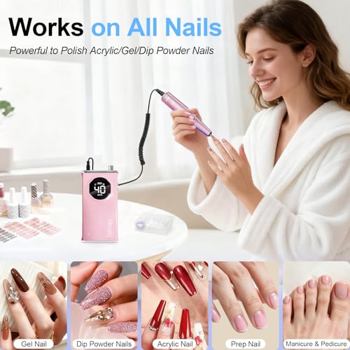 Image of Electric Nail Drill File Professional 40000 RPM, Melodly Rechargeable Electric Nail File Machine Kit for Acrylic Gel Nails Polishing Removing, Portable Cordless Efile with Gold Bits Kit at Salon Home
