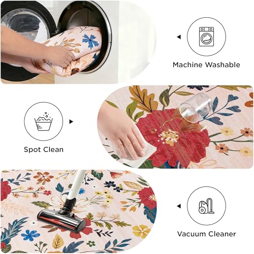 Tapete redondo beige 5 pies floral antideslizante lavable miniatura 5