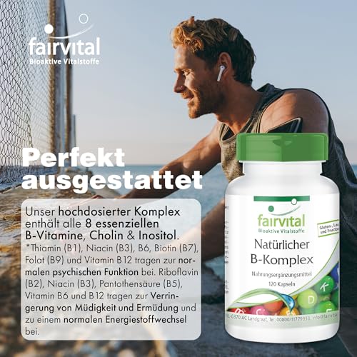 Fairvital | Vitamin B Komplex - natürlich aus Hefe - alle 8 B-Vitamine (B1, B2, B3, B5, B6, B7, B9, B12) - VEGAN - 120 Kapseln - schluckfreundlich - mit Cholin und Inositol