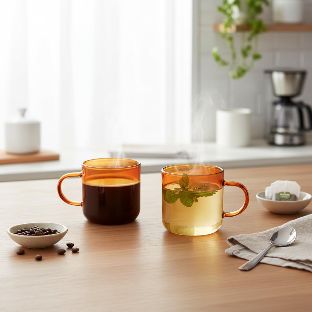 Deconox 2'li Borosilikat Cam Kupa Seti - 380 ml Isıya Dayanıklı Renkli Kahve ve Çay Bardağı - Kurşunsuz Ekolojik (2 Adet) Amber (Bal Rengi) ve Füme Renk Seçenekleri (Amber (Bal Rengi) - 2 ADET)