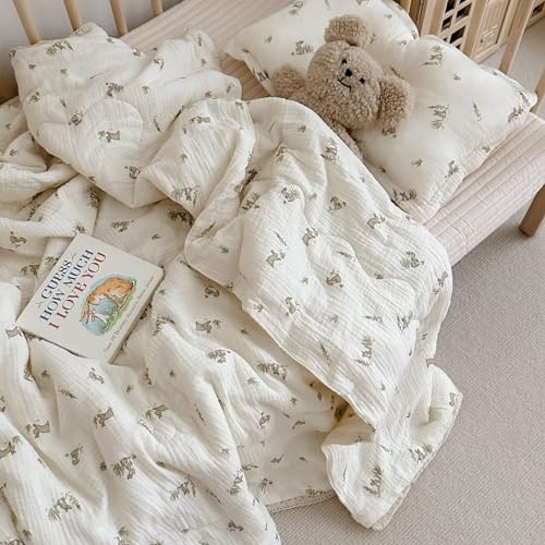 BuLuTu Cartoon Bunny Gauze Toddler Quilt Kids Blankets for Girls Boys, Soft Breathable Cotton Muslin Kids Comforter Quilted Blanket with Cute Rabbit...