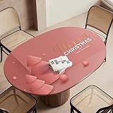 Highdi Ovalado Mantel Impermeable, Mantel de Tela Oxford Antimanchas Protector Mesa con Borde Elástico, Cubre Encimera para Cocina, Comedor - Serie Navideña (Árbol Rosa,127x172cm)