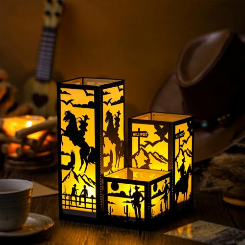 Image of Rossesay 24 Pcs Western Cowgirl Centerpieces Party Decor for Table, 3 Size Wild West Paper Lantern with LED Candle for Last Rodeo Bachelorette, Cowboy Themed Birthday Party Decorations