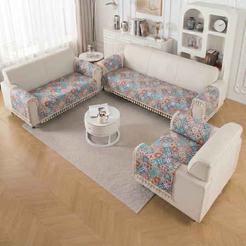 Image of Story@Home Quilted Anti Slip Sofa Cover Mat with 2 Armrest Cover, 1 Seater Velvet Sofa Protector with Tassels | Sofa Cover Mat for 1 /2 /3 Seater & L-Shape Sofa - 76 x 61 Cm - Multi Color