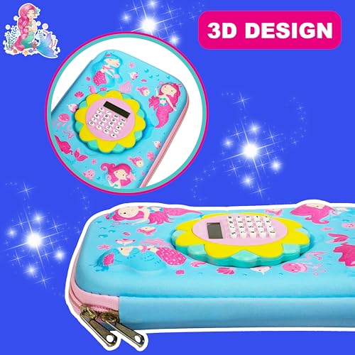 Image of VGRASSP Mermaid Theme Stationery Pencil Case for Kids with Mini Calculator - 3D EVA Zipper Pouch with Multi Storage Compartments - Fun School Stationery Organizer - Multicolor