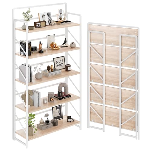 Image of JSB Folding Bookshelf,Industrial Storage Shelves, No Assembly Vintage Wood Look Bookshelf with Storage Shelves for Living Room, Bedroom, Office (White, Wide 5-Tier)