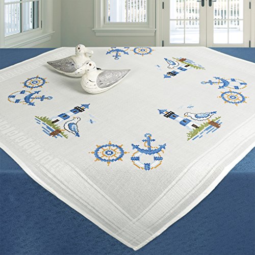 KAMACA Kit de bordado, mantel, punto de cruz, predibujado, juego completo de bordado con plantilla de bordado, adultos (Am Sea MD 80 x 80 cm)