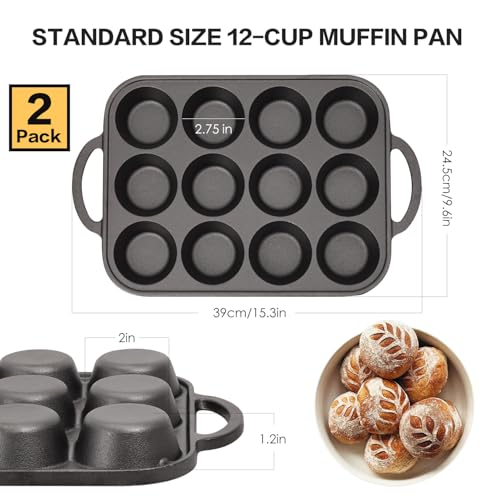 Image of Flavehc 2pack Cast Iron Muffin Pans for Baking 12 Cup Regular Size Cupcake Pan with Handle Pre-Seasoned Muffin Pans Molds