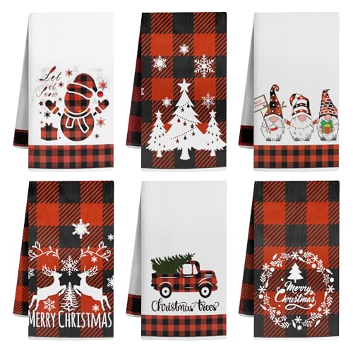 ZYQEXA 6 Pcs Christmas Kitchen Towels Red Black Buffalo Plaid Tea Dishtowels Absorbent Winter Gnome Truck Snowman Bathroom Hand Towels for Xmas Kitchen Bathroom Decoration Farmhouse Housewarming Gift