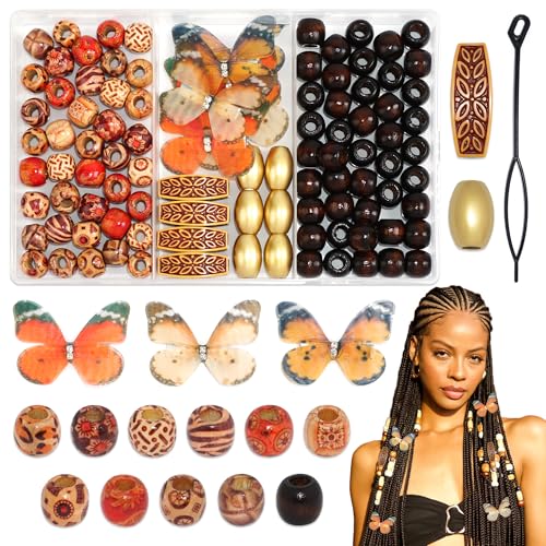 Arocooy 100PCS Hair Beads for Braids Brown Wooden Beads for Hair Loc Dreadlock Beads Butterfly Hair Clips Boho Hair Accessories for Women Girls