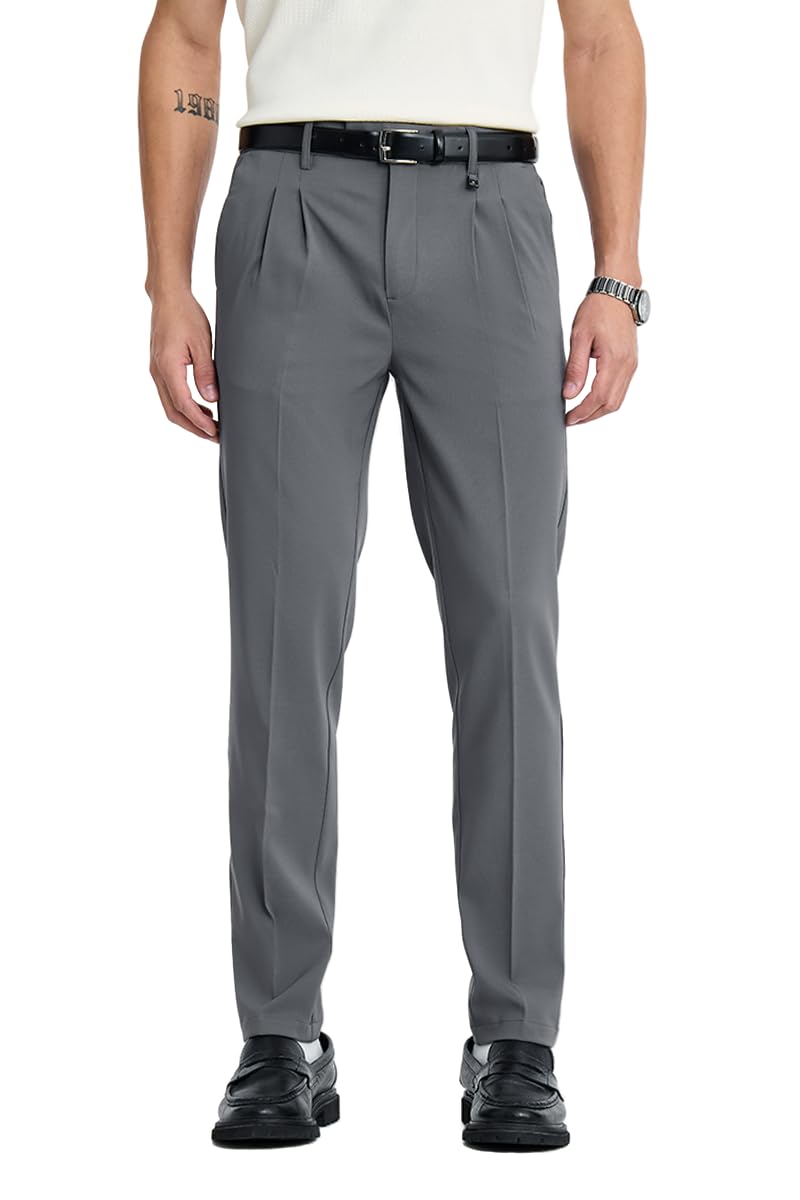snitch Men Trousers Formal Slim Fit Pleated Front Tapered Leg Silhouette | Textured Polyester Blend Medium-Stretch Fabric for Office & Business Meetings-picture-17
