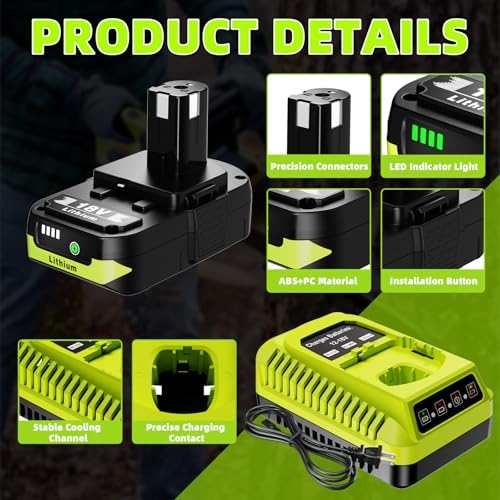 Image of 2Pack 3600mAh for Ryobi 18V Battery and Charger Combo, Replacement for Ryobi 18V Battery and Charger, Compatible with Ryobi 18 Volt Battery Lithium-ion P102 P103 P104 P105 P107 P108 P109 P122