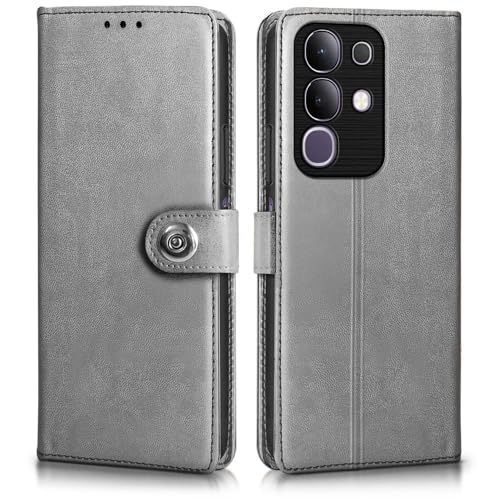 Image of WOW IMAGINE Shock Proof Flip Cover Back Case for Vivo T4x 5G | iQoo Z10x 5G | Vivo Y31 Pro 5G (Magnetic Button Flip Case | Wallet Pockets & Stand | Leather Finish | Stone Grey)