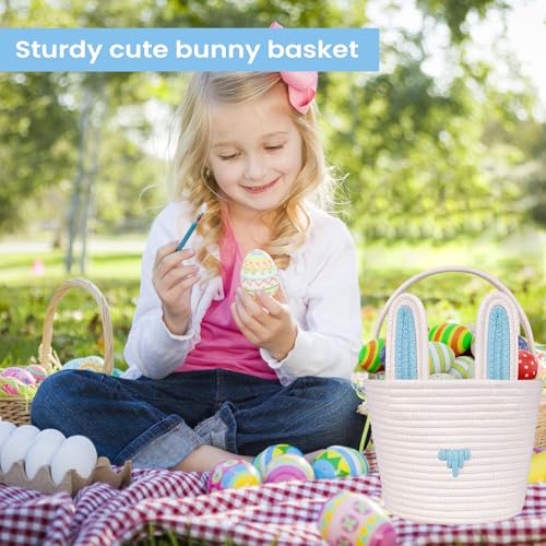 Image of Easter Basket Empty Bunny Egg Baskets With Handle And Ears Easter Gifts Cute Woven Basket (blue)