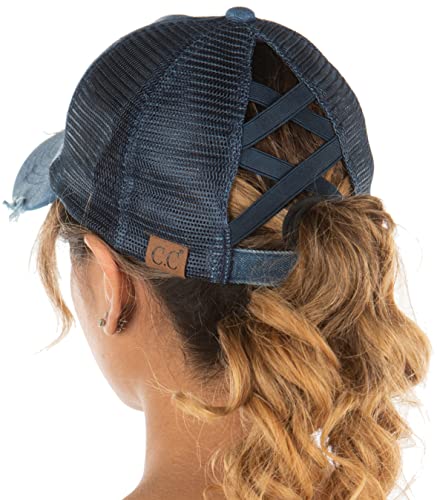 Funky Junque Women's Distressed Ponytail Trucker Hat with Criss Cross Ponytail Hole Messy Bun Baseball Cap - Navy Mesh - Denim (Distressed)