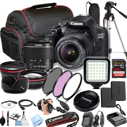 Canon EOS 2000D / Rebel T7 W/18-55mm + 128GB Extreme Speed Card, LED Video Light, Camera Case, Tripod,Spare Battery, Filter Kit, More (Essential DSLR Kit) (Renewed), Black