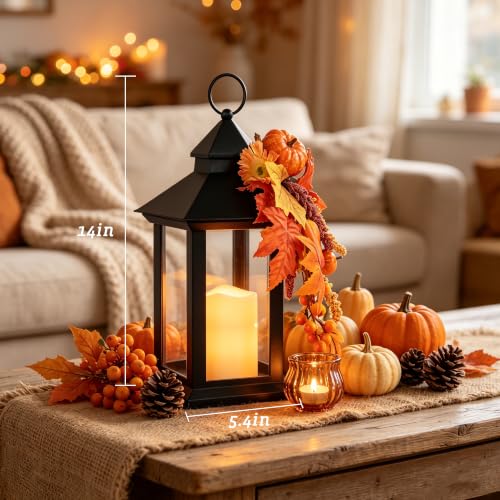 Image of Fall Lanterns Decorative Indoor, 14 inch Autumn Decor Black Outdoor Lantern | Battery Operated, Waterproof Harvest Lantern with Timer Candle, Thanksgiving Decorations for Porch, Patio, Entryway, Mantel