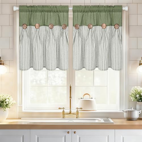 ASPMIZ Linen Kitchen Curtains 24 Inch Length, Farmhouse Boho Button