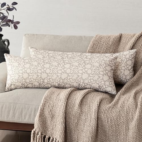 Image of Foindtower Set of 1 Decorative Long Body Lumbar Throw Pillow Covers Accent Farmhouse Cushion Covers Boho Floral Pillowcase for Couch Sofa Bedroom Living Room Home Decor,14x36 Inch,Ivory Beige