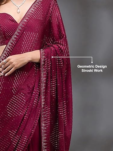 Image of TRENDMALLS Women's Silk Siroski Work Saree with Unstitch Blouse Piece