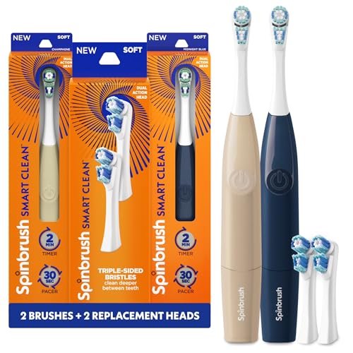Spinbrush Smart Clean Electric Toothbrush for Adults Value Pack 2 Brushes + 2 Replacement Heads Battery Powered Removes Plaque Reduces Stains 50% 2-Min Auto Shutoff Soft Bristles