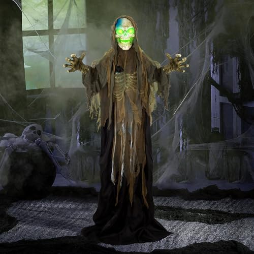 51tUpLymdsL._AC_ 72" Animatronics Standing Skeleton with Sound & Touch Activated Luminous Eyes, Scary Sounds, Movement, Life-Size Halloween Decoration for Haunted House Props, Indoor/Outdoor, Lawn,